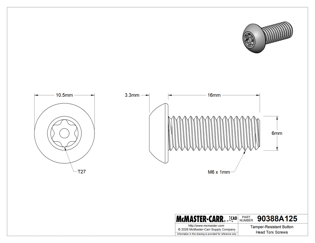 Technical Drawing of Tamper-Resistant Button Head Torx Screws, Black-Oxide Alloy Steel, M6 x 1.00 mm Thread, 16 mm Long.